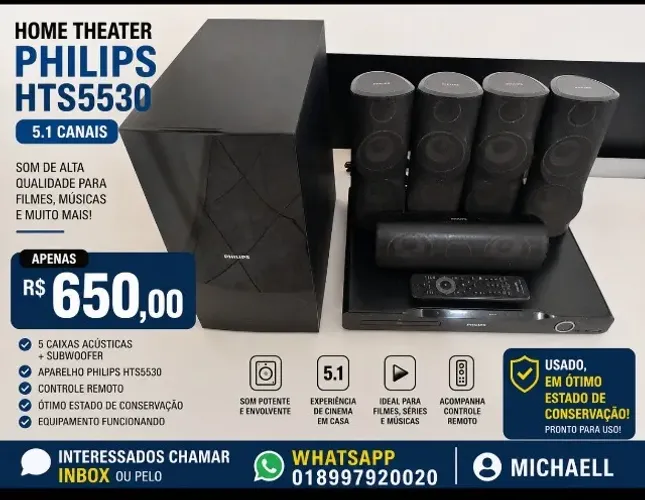 Vendo Home Theater Philips 5.1 completo, com subwoofer, 5 caixas, aparelho DVD e controle 