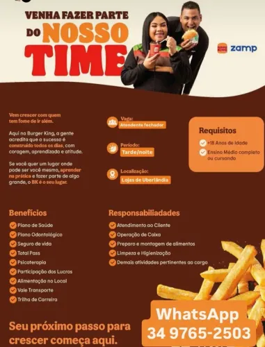 Contrata-se para area de fast food burger king