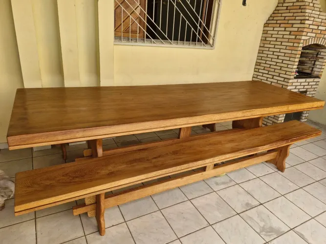 Mesa 3 metros com 2 bancos, madeira de lei, angelin ferro