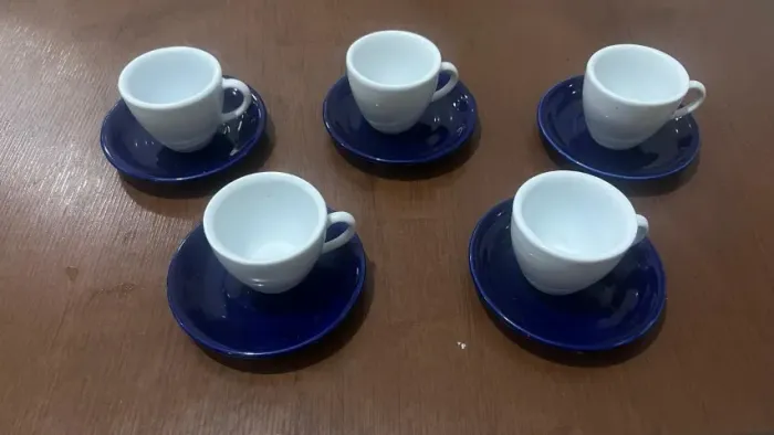 Jogo de xícaras de café completo (5 xícaras e 5 pires) em porcelana