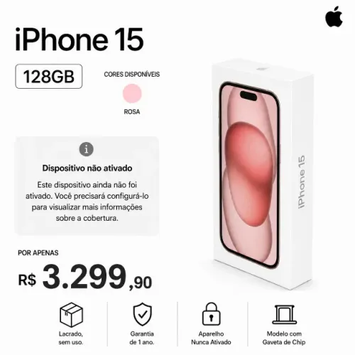 Apple iPhone 15 6,1" 128GB 5G Varias Cores Novo Lacrado 1 Ano Garantia