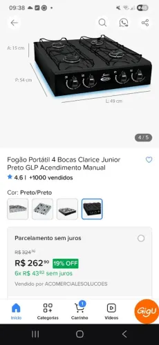 Fogão de mesa 4 bocas acendedor manual braslar slim