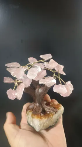 Árvore média de quartzo rosa na base de citrino.