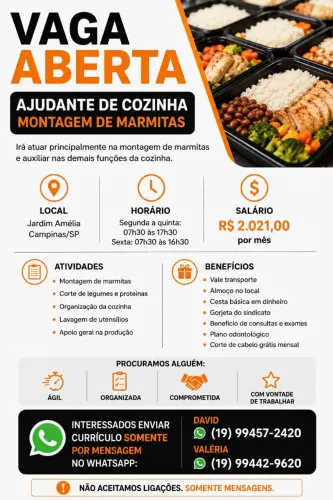 VAGA ABERTA - AJUDANTE DE COZINHA - SEGUNDA A SEXTA