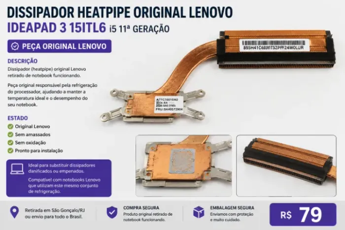 Dissipador Heatpipe Original Lenovo IdeaPad 3 15ITL6 i5 11ª Geração