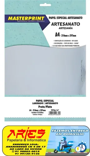 PAPEL ESPECIAL ARTESANATO LAMINADO LAMICOTE PRATA 250G MASTERPRINT A4 10 FOLHAS