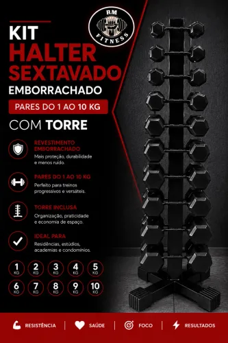 Jogo completo halter sextavado emborrachado pares do 1 ao 10 kg com torre 