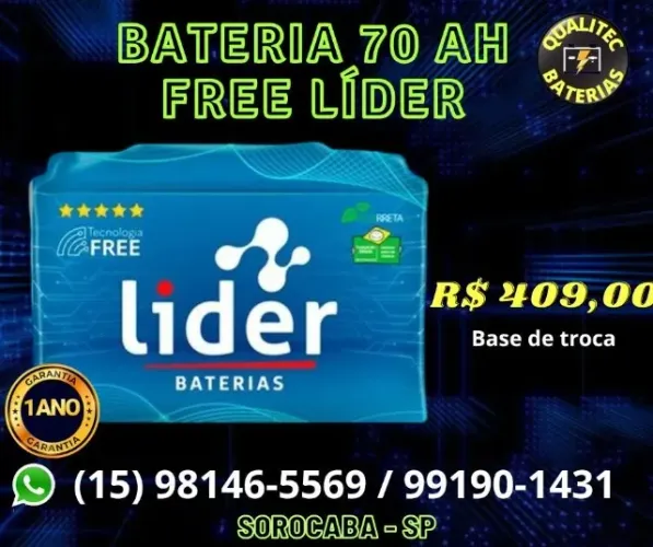 Bateria automotiva Lider free 70 amperes em promoção !