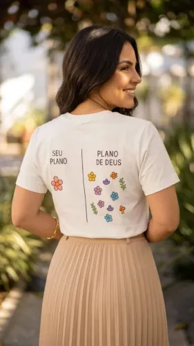 Camiseta feminina cristã Plano de Deus