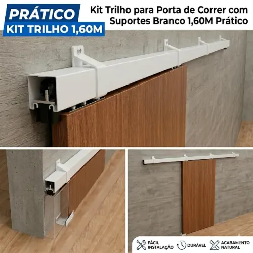 Kit Trilho para Porta de Correr com Suportes Branco 1,60M Prático