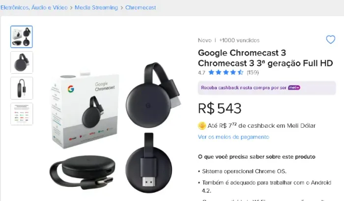 Chromecast 3 original Full HD R$ 250,00 semi novo retirar no local Mongaguá.