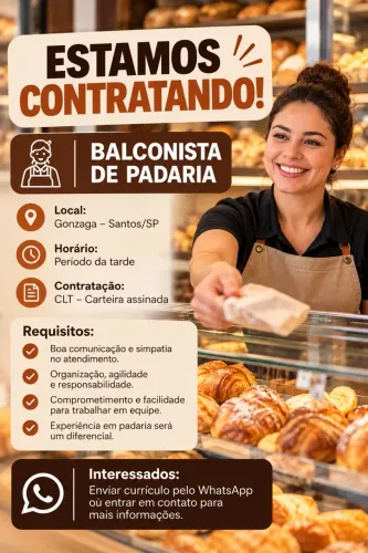 Vaga de Balconista de Padaria - Gonzaga, Santos