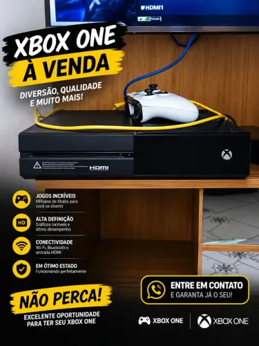 Xbox one fat, preto, com controle branco, acompanhado com todos os cabos dele, e a caixa..