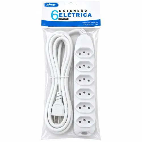 Extensão Elétrica Knup 6 Tomadas 127-220V 10A Cabo Flexível Branca Padrão Brasileiro Uso D