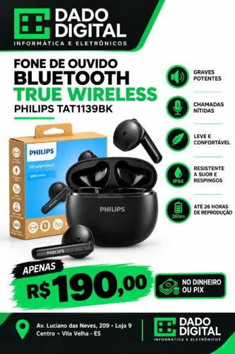 FONE DE OUVIDO BLUETOOTH TRUE WIRELESS PHILIPS TAT1139BK - LOJA DADO DIGITAL