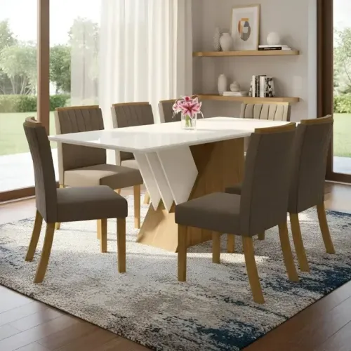 Mesa de Jantar com Tampo de Vidro e 8 Cadeiras Estofadas no Marrom