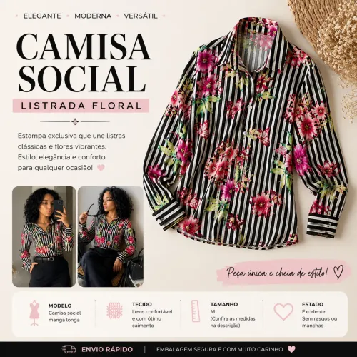 Camisa Social Feminina Listrada Floral