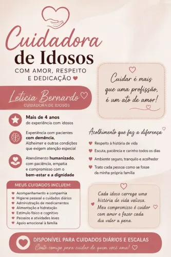 Sou cuidadora de idosos, tenho experiência na area