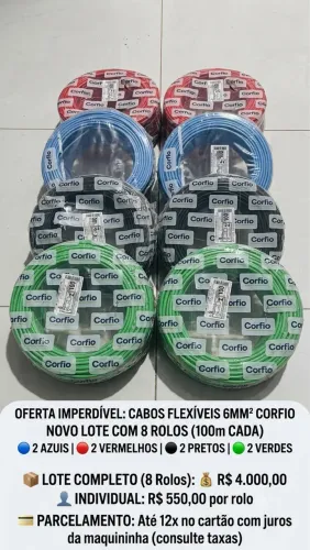 Lote com 8 Rolos Cabo Flexível 6mm Corfio 100m (Novos/Lacrados)