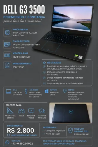 Notebook Dell G3 3500 Gamer | Intel Core i5 | GTX 1650 | 12GB RAM | SSD 256GB