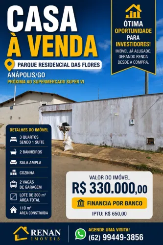 ? CASA À VENDA | PARQUE RESIDENCIAL DAS FLORES - ANÁPOLIS/GO SÓ 330 MIL