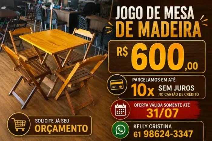 Mesa de Madeira Dobrável com 4 Cadeiras | Produto Novo