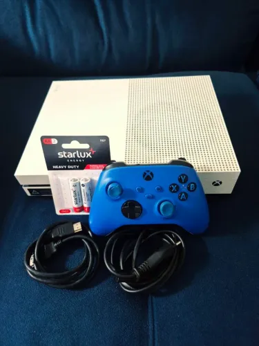 XBOX ONE S COMPLETO CONTROLE AZUL DO SERIES + PILHAD FUNCIONANDO TUDO, ZERO, BARATO 