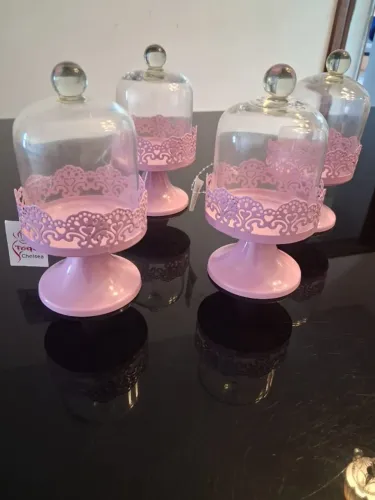 4 mini pratos para doces com cúpula NOVO (rosa)