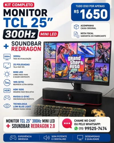 Monitor TCL 300hz, MINI LED, 25 + SOUNDBAR Redragon (Monitor + Soundbar)