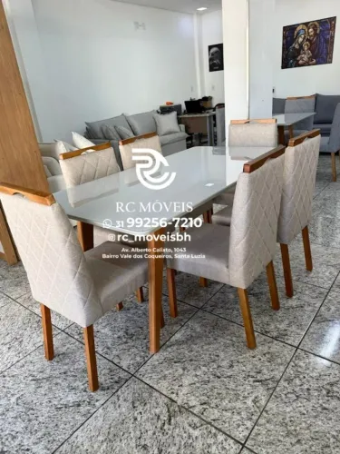 Mesa de jantar 1,70x0,90 Tampo Vidro Laqueado + 6 Cadeiras Madeira maciça - Montagem Inclu