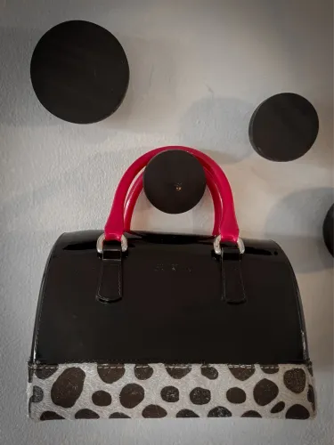 Bolsa Furla Candy Satchel Original - Vinil Preto com Alças Fúcsia