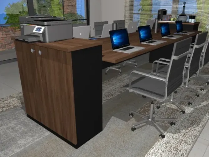 Mesa de Reunião Corporativa Com Torres de Tomadas: L344cm x L100cm x A90cm.