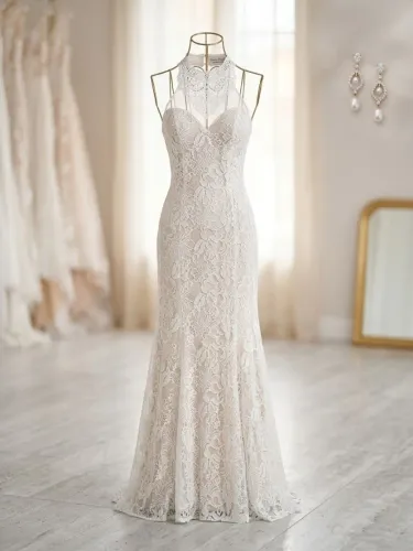 Vestido de Noiva Longo Branco De Renda Gola Alta Festa Casamento Civil