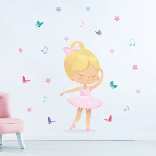 Adesivo decorativo de parede bailarina, borboleta e estrelas quarto de bebê