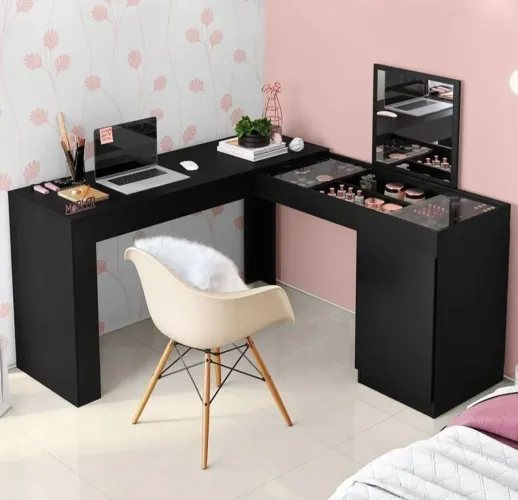 Escrivaninha/Penteadeira Preta de Canto com Espelho