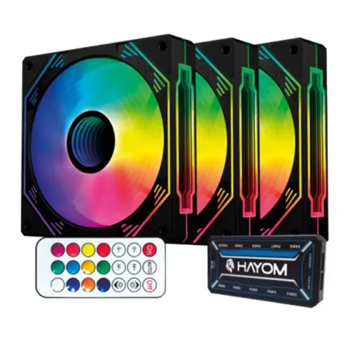  Kit 3 Cooler Fan 120mm Hayom FC1308 Black com Controladora e Controle - WZetta
