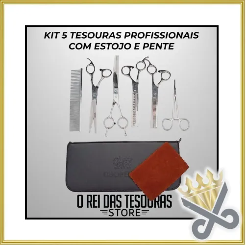 Kit 5 Tesouras Profissionais + Estojo e Pente