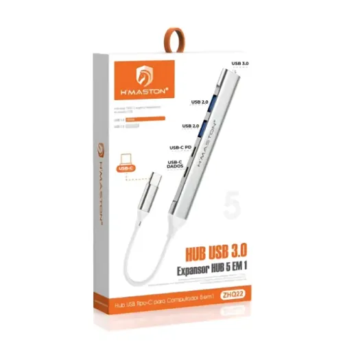 Hub USB-C 5em1 USB3.0 USB2.0 Entrada Tipo C para Carga e Transmissão de Dados