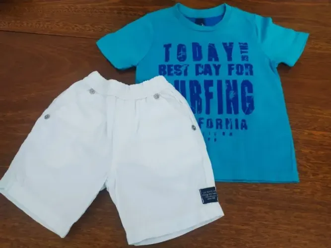 Conjunto Infantil Camisa Azul E Bermuda Branca Da 1+1
