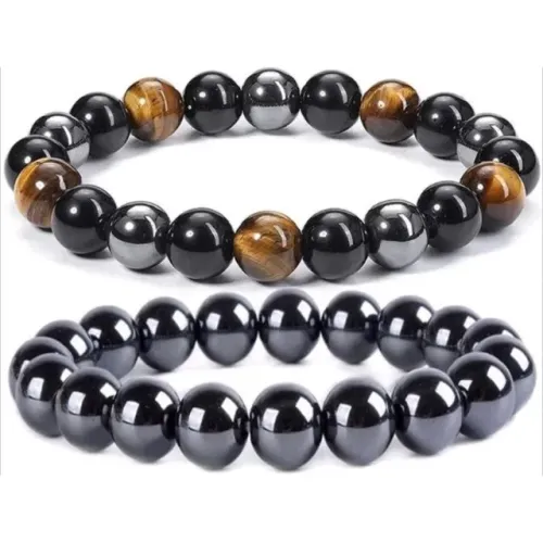 Kit 2 Pulseiras Pedra Natural Hematita, Ônix e Olho de Tigre