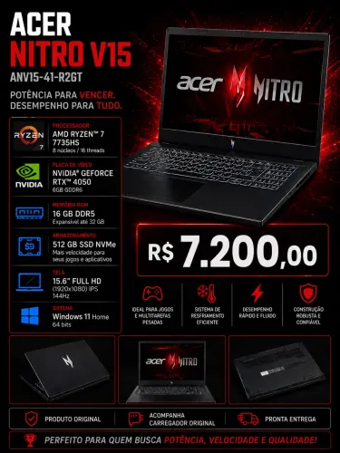 Acer Nitro V15 Ryzen 7 RTX 4050 16GB RAM 512GB SSD 15,6 FHD