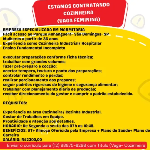 Cozinheira - Empresa de Marmitaria, Pirituba em SP.