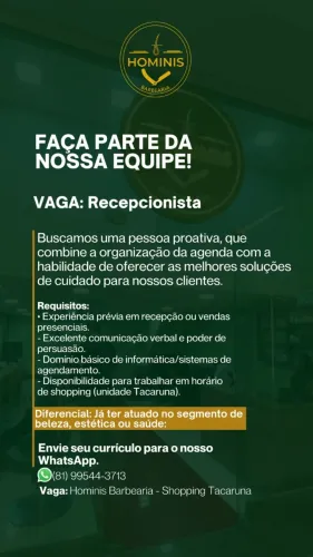 Vaga para Recepcionista | Barbearia Premium | Shopping Tacaruna
