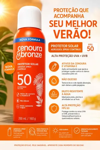 Protetor solar aerosol cenoura e bronze FPS 50