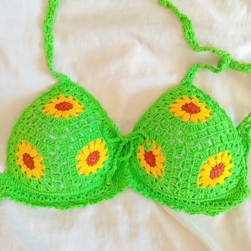 Top Biquíni de Crochê Girassol Verde Com Forro (Tamanho M) - Novo<br>