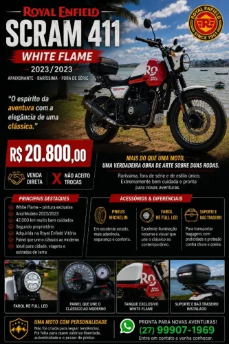 Raríssima Royal Enfield Scram 411, "WHITE FLAME"