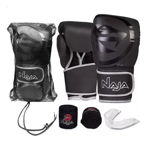 Kit luva MuayThai/Boxe - Naja (Black Line) +bandagem e protetor bucal Nova - lacrada