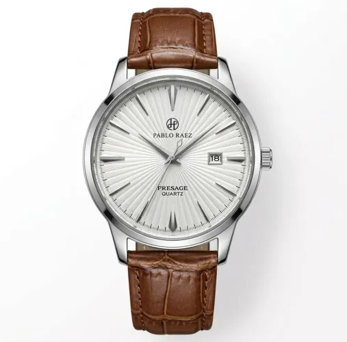 Relógio Pablo Raez Presage Quartz Mostrador Branco Prateado Pulseira Couro Marrom Croco