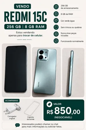 Vendo Redmi 15C - 256 GB | 8 GB RAM | Verde Água (negociável)