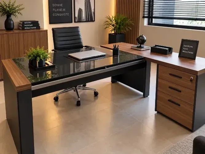 Mesa De Escritorio Diretor Tampo De Vidro Em L 180cm 3 Gave (Usado)